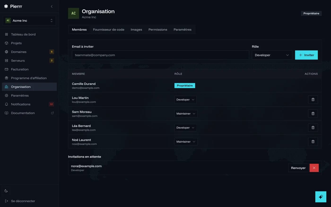 Page Organisation : membres et rôles