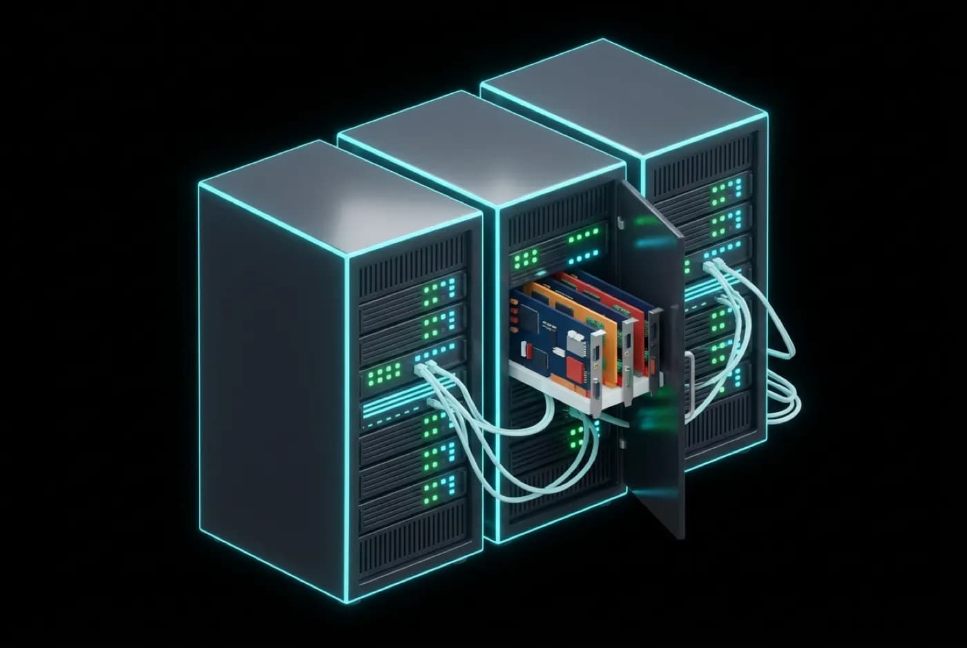 Trois serveurs reliés à la console