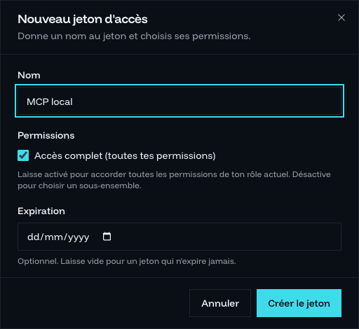 Fenêtre de création d'un jeton d'accès