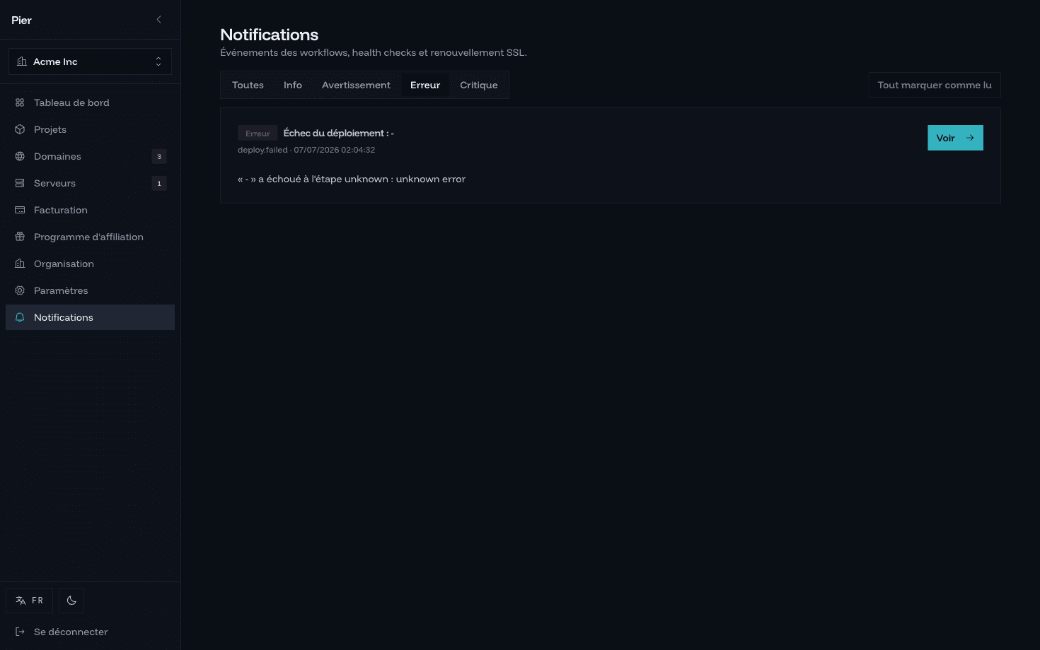 Notifications filtrées par sévérité