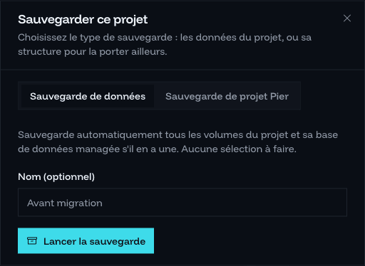 Fenêtre de sauvegarde avec le choix entre sauvegarde de données et export de projet Pierrr