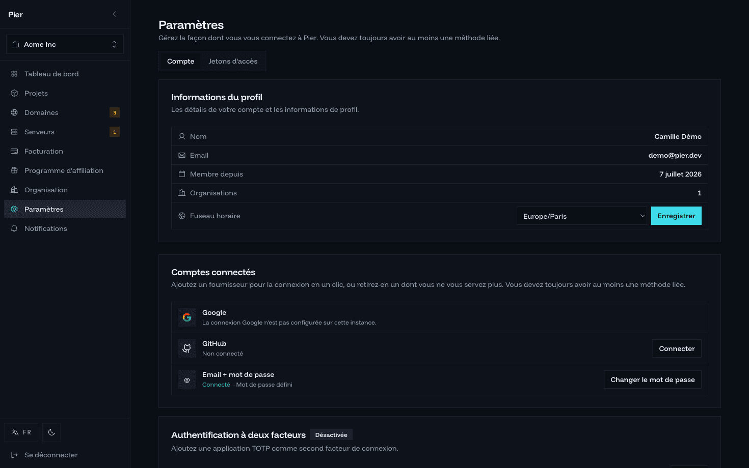 Page Paramètres du compte