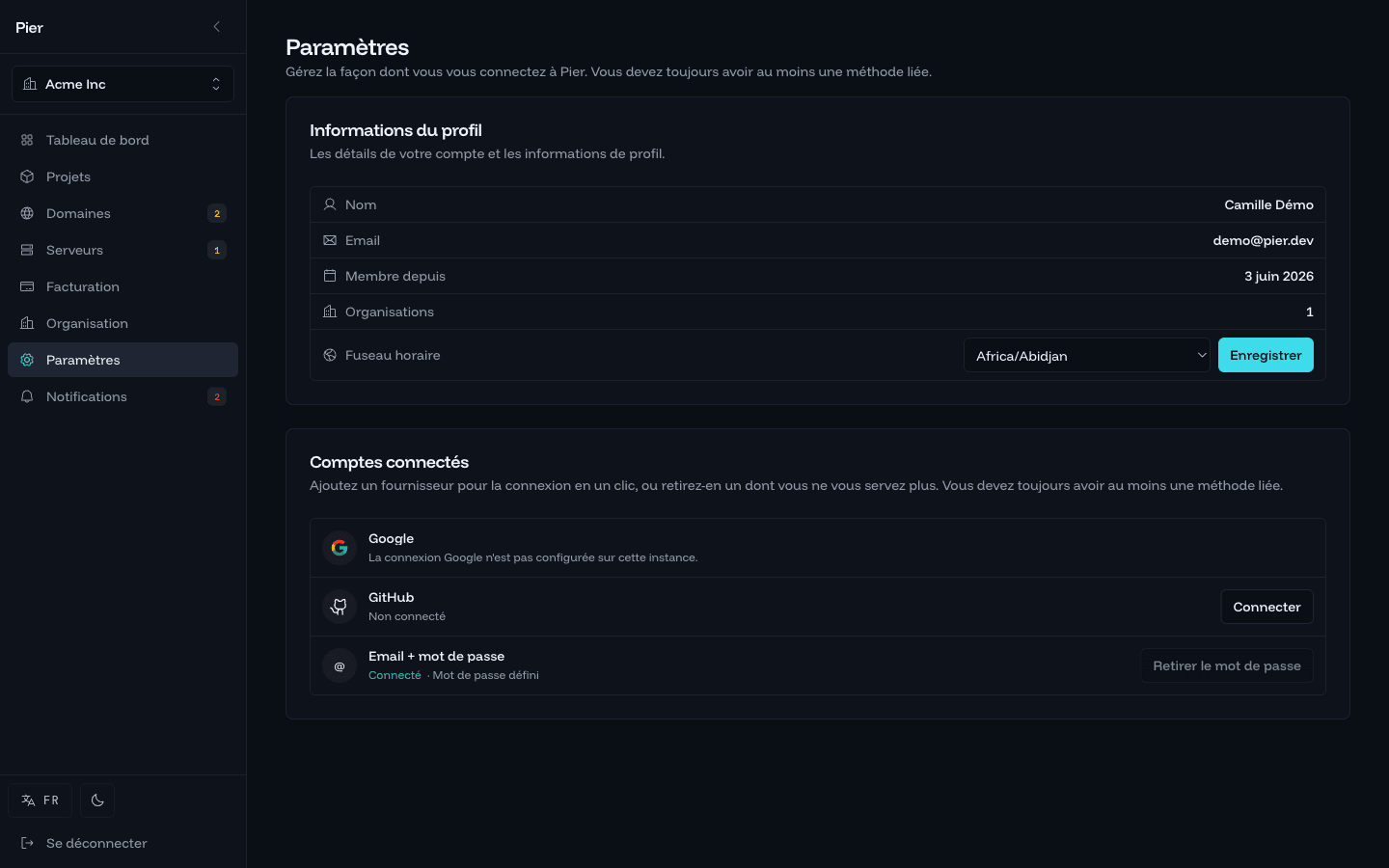 Page Paramètres du compte