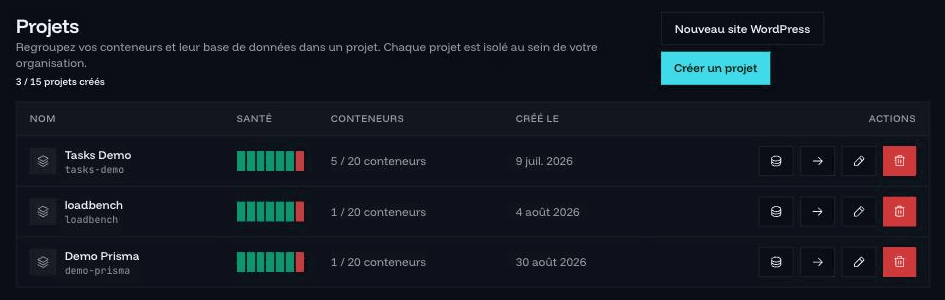 Le bouton Nouveau site WordPress sur la page Projets