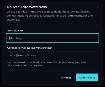 Fenêtre de création d'un site WordPress