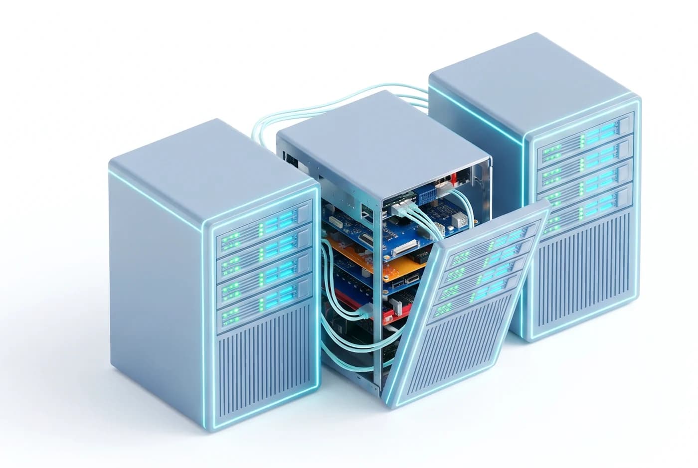 Trois serveurs reliés à la console
